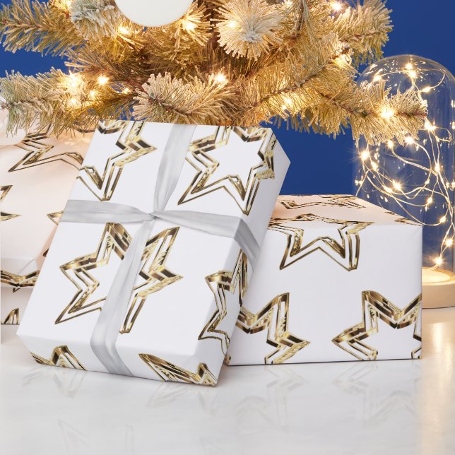 Papier Cadeau Elégant Golden Stars Motif Noël blanc (Vacances)