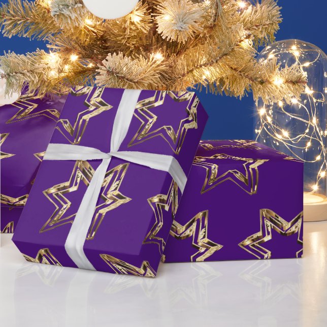 Papier Cadeau Elégant Golden Stars Motif Noël violet (Vacances)