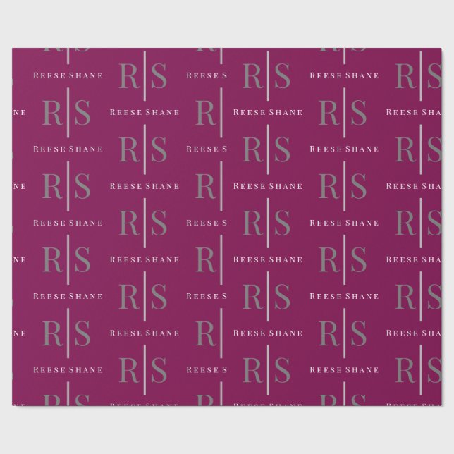 Papier Cadeau Elegant Grey Monogram & White Name, Maroon (Couture)