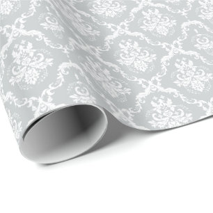 Papier Cadeau Élégant Gris Clair Et Blanc Floral Damas