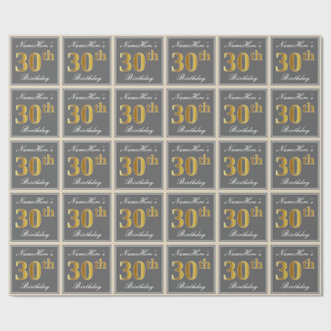 Papier Cadeau Elégant, gris, Faux Gold 30e anniversaire + Nom (Plat)