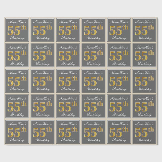Papier Cadeau Elégant, gris, Faux Gold 55e anniversaire + Nom (Plat)