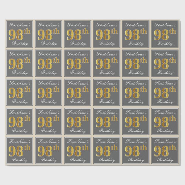 Papier Cadeau Elégant, gris, Faux Gold 98ème anniversaire + Nom (Plat)