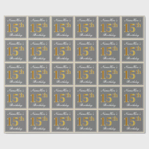 Papier Cadeau Elégant, gris, Faux Or 15ème anniversaire + Nom