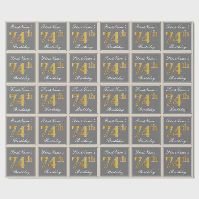 Papier Cadeau Elégant, Gris, Or Faux 74e Anniversaire + Nom (Plat)