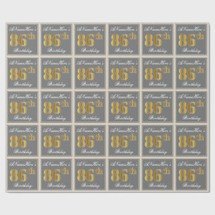 Papier Cadeau Elégant, Gris, Or Faux 86e Anniversaire + Nom