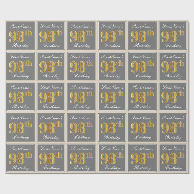 Papier Cadeau Élégant, Gris, Or Faux 98e Anniversaire + Nom (Plat)