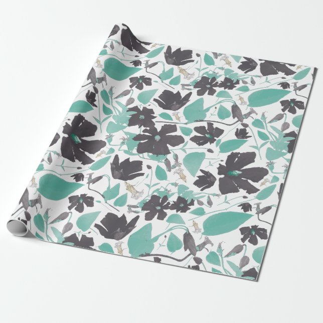 Papier Cadeau Élégant Gris Turquoise Brown Clematis motif floral (Déroulé)