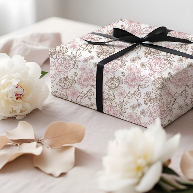 Papier Cadeau Elegant Hand-Drawn Peony & Leaf Floral Pattern (Elegant Hand-Drawn Peony & Leaf Floral Pattern Wrapping Paper)