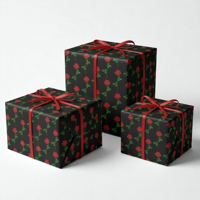 Papier Cadeau Elegant Hand-Drawn Rose Wrapping Paper on Black  (Créateur téléchargé)