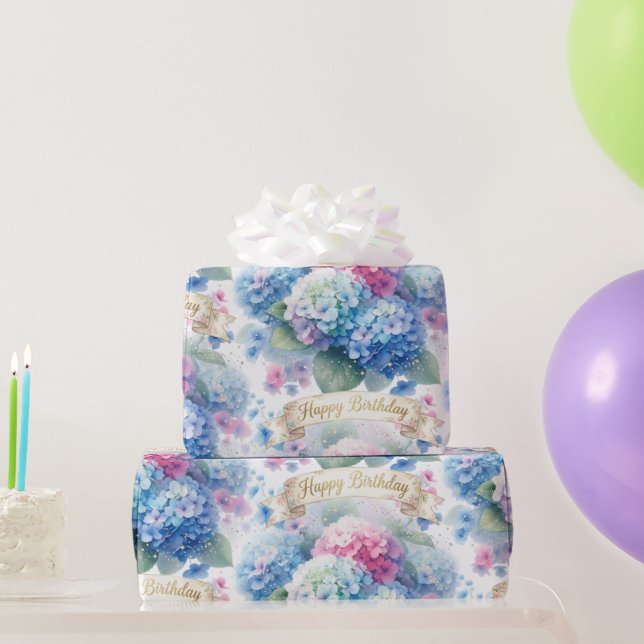 Papier Cadeau Elegant Happy Birthday Hydrangea Floral  (Cadeaux de fête)