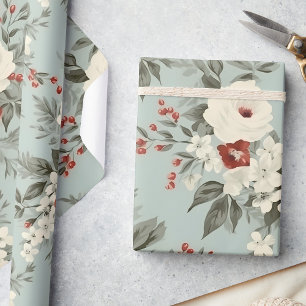 Papier Cadeau Elégant hiver Floral Frosted Blanc & Crimson