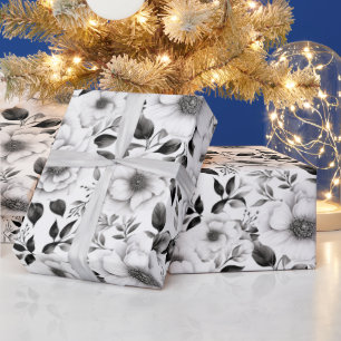 Papier Cadeau Élégant hiver noir et blanc fleuri Noël