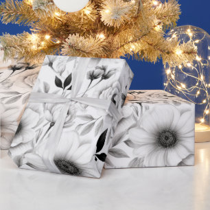 Papier Cadeau Élégant hiver noir et blanc fleuri Noël