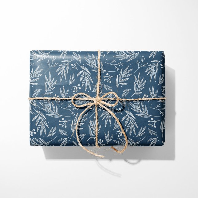 Papier Cadeau Elegant Holly & Berry Stems Blue (Créateur téléchargé)
