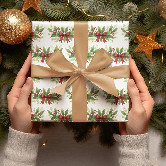 Papier Cadeau Elegant Holly & Red Bow Noël - (Créateur téléchargé)