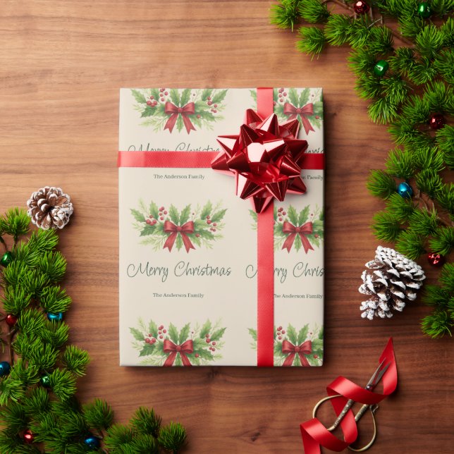 Papier Cadeau Elegant Holly & Red Bow Noël - (Cadeau de vacances)