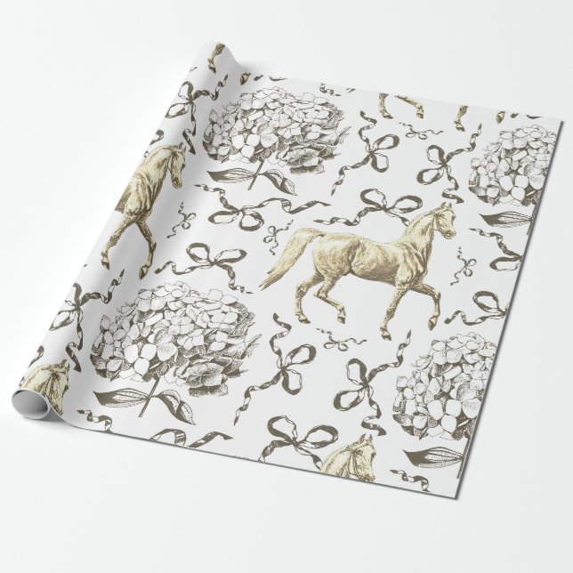 Papier Cadeau Elégant Horse Hydrangea Bows Beige Blanc Toile (Déroulé)