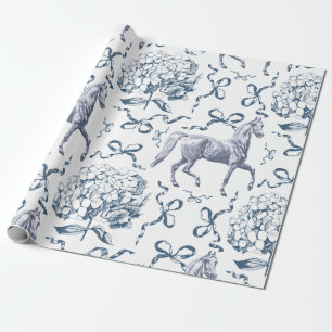 Papier Cadeau Elégant Horse Hydrangea Bows Dusty Blue Toile