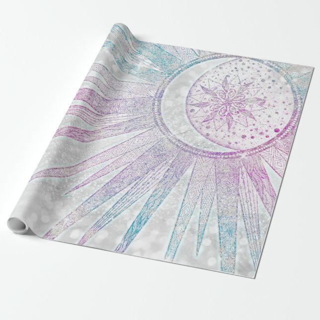 Papier Cadeau Elegant Iridescent Sun Moon Mandala Silver Design (Déroulé)