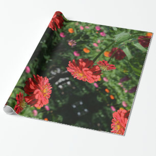 Papier Cadeau Elégant jardin fleuri rouge orangé