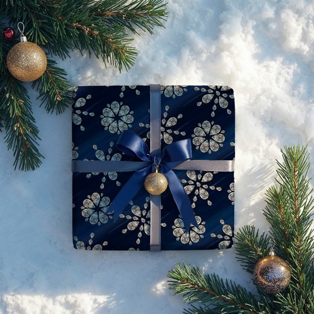 Papier Cadeau Élégant Joyaux d'aquarelle bleu marine Snowflakes (Elegant Navy Blue Watercolor Jewels Snowflakes Wrapping Paper)