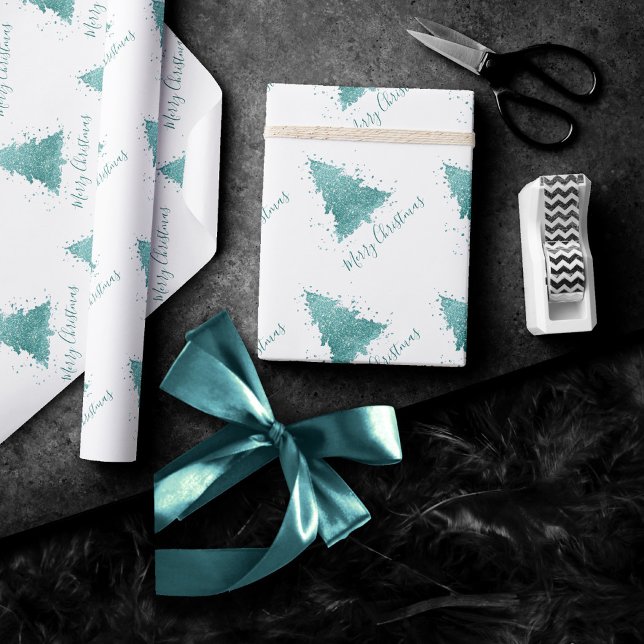 Papier Cadeau Élégant Joyeux Noël | Luxe Aqua Mint Splatter (Créateur téléchargé)