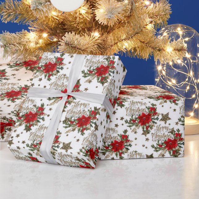 Papier Cadeau Elégant Joyeux Noël poinsettias (Vacances)