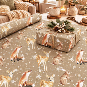 Papier Cadeau Élégant Kraft Rustique Animaux d'Hiver Grande Éche