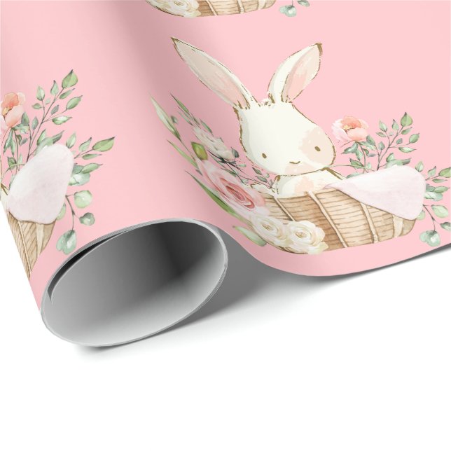 Papier Cadeau Elégant lapin lapin Baby shower rose (Coin rond)