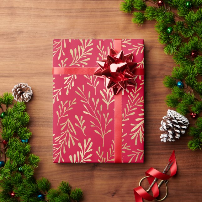 Papier Cadeau Elégant Luxe Rouge Leaf Motif Noël (Cadeau de vacances)