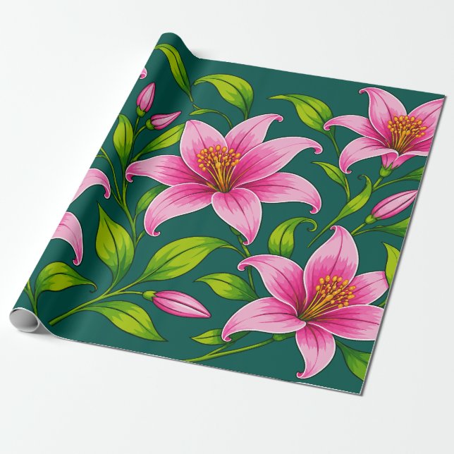 Papier Cadeau Élégant lys rose floral avec feuillage vert (Déroulé)