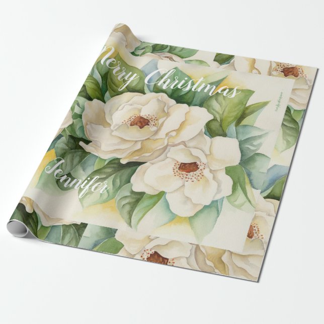 Papier Cadeau Élégant Magnolia de Noël Floral Nom blanc  (Déroulé)