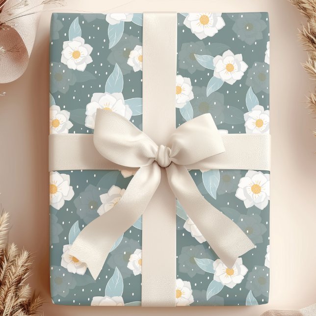Papier Cadeau Elégant Magnolia Floral Blanc Polka Point (Créateur téléchargé)