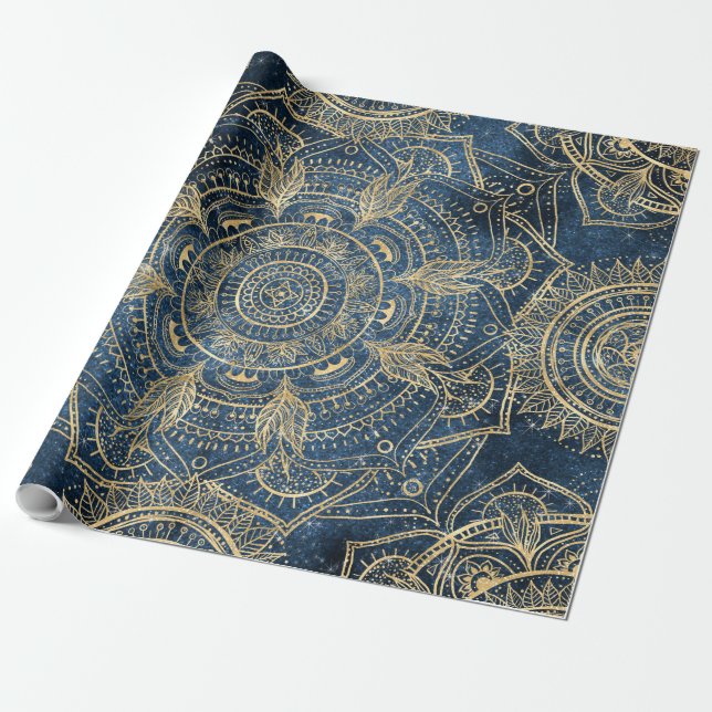 Papier Cadeau Elégant Mandala Blue Whimsy Design (Déroulé)