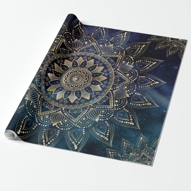Papier Cadeau Elégant Mandala Gold Blue Galaxy (Déroulé)