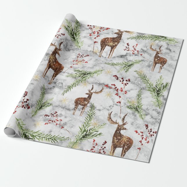Papier Cadeau Elégant Marbre blanc Reindeer Berries Noël (Déroulé)