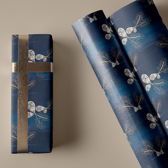 Papier Cadeau Elégant Marine Aquarelle Bleue Pine Aiguilles & Bi (Elegant Navy Blue Watercolor Pine Needles & Jewels Wrapping Paper)