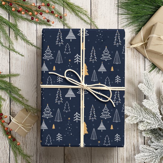 Papier Cadeau Elegant Marine Bleu & Arbre d'or Noël (Créateur téléchargé)