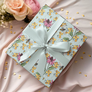 Papier Cadeau Elégant Mint Queen Bee, Honeycomb & Fleurs