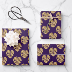 Papier Cadeau Élégant modèle de feuille de palme d'or violet