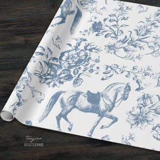 Papier Cadeau Élégant modèle floral de Cheval Blanc Bleu Vintage