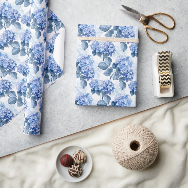Papier Cadeau Élégant modèle floral d'Hydrangée bleue (Artisanat)