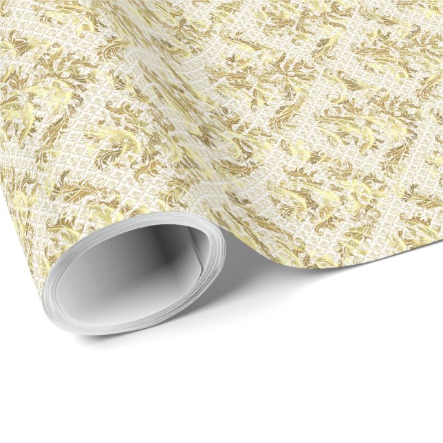 Papier Cadeau Élégant Modèle Floral Or Et Blanc (Coin rond)