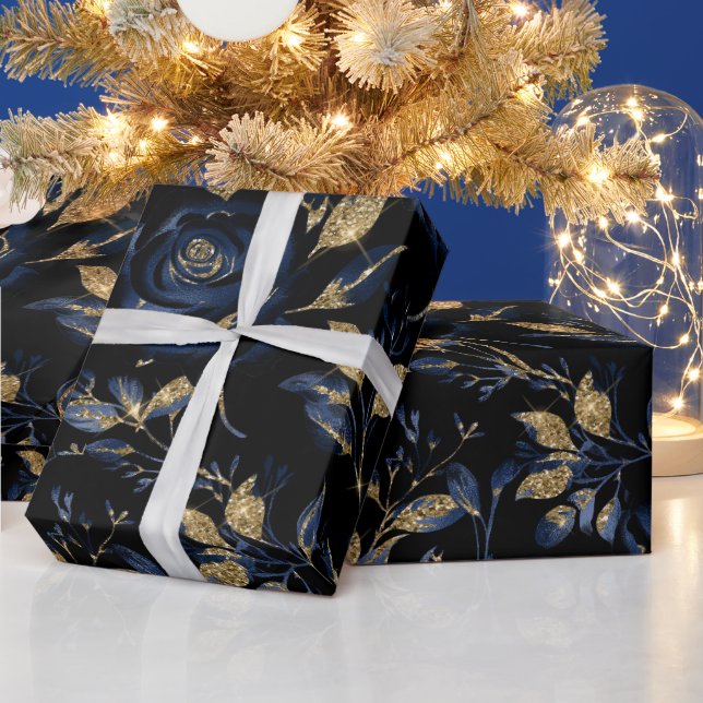 Papier Cadeau Élégant modèle floral Rose bleu et or de la marine (Vacances)
