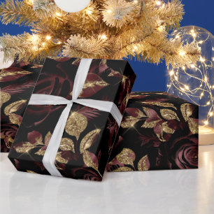 Papier Cadeau Élégant modèle floral Rose rouge et or de Bourgogn