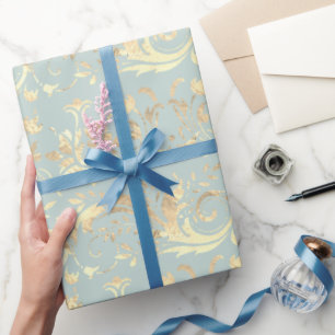 Papier Cadeau Élégant modèle vintage damas menthe or