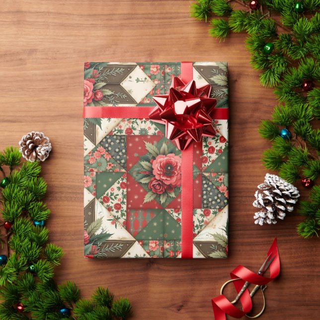 Papier Cadeau Élégant Moderne Fleurs de Noël Rouges et Vertes  (Cadeau de vacances)