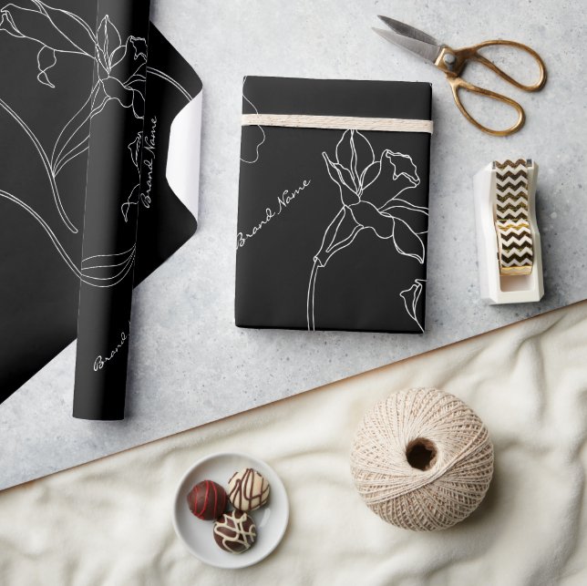 Papier Cadeau Élégant Moderne Floral Noir & Blanc (Artisanat)