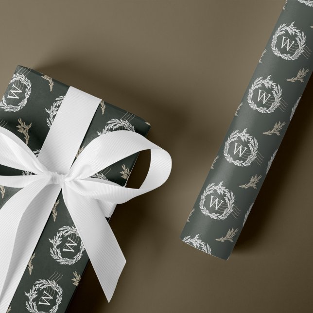 Papier Cadeau Élégant monogramme de poésie de la couronne de gar (Elegant Garland Wreath Crest Postage Monogram Wrapping Paper)